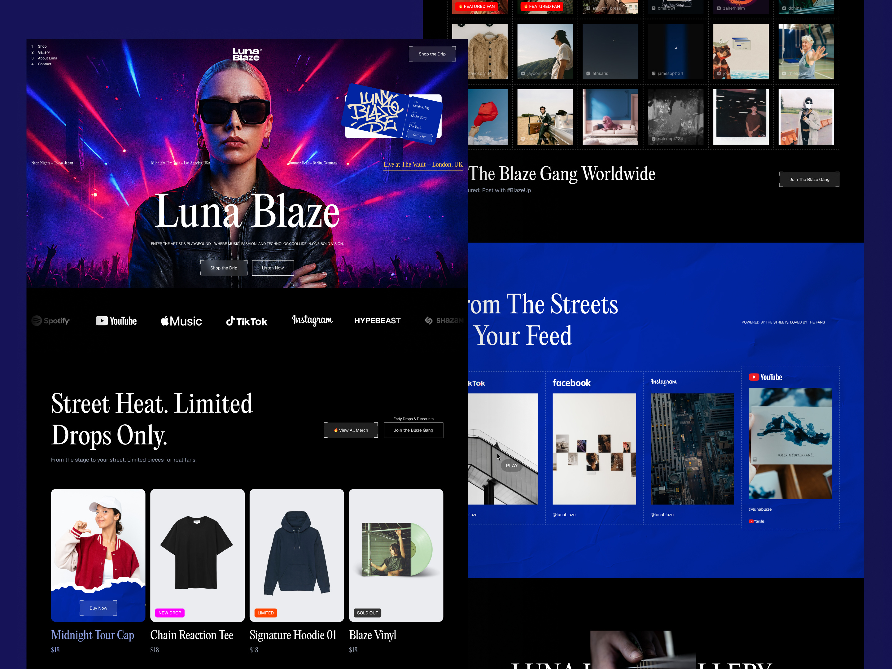 Luna Blaze, Artist Website for Merch Drops and Tours artist website design gallery layout landing page music artist music merch store social feed section web design website design
