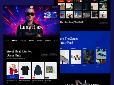 Luna Blaze, Artist Website for Merch Drops and Tours artist website design gallery layout landing page music artist music merch store social feed section web design website design