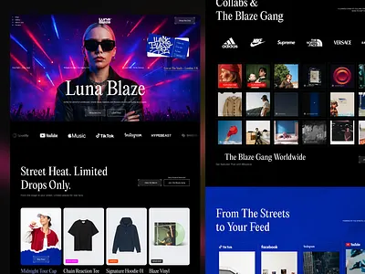 Luna Blaze, Artist Website for Merch Drops and Tours artist website gallery layout landing page music artist music merch store social feed section web design website design