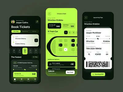 Train Ticket App — Seat Booking Experience app concept app design booking flow clean ui dark mode figma ios mobile app mobile ui modern app design neon ui product design seat selection ticket booking transportation travel app ui interface ui ux
