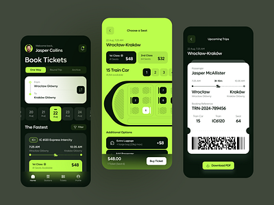 Train Ticket App — Seat Booking Experience app concept app design booking flow clean ui dark mode figma ios mobile app mobile ui modern app design neon ui product design seat selection ticket booking transportation travel app ui interface ui ux