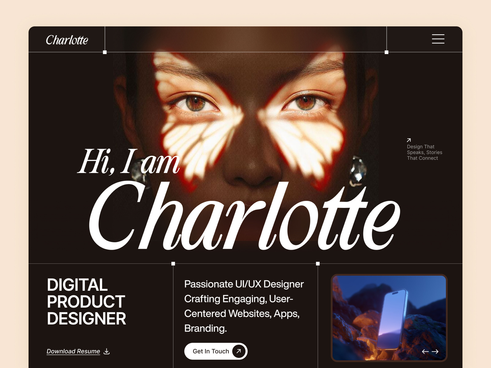 Clean, Modern, Expressive - Charlotte Portfolio Website charlotte website designer landing page ecommerce uiux framer development header ui hero section mobile app ui portfolio portfolio hero section portfolio landing page portfolio website portfolio website development saas branding shopify tech website techwitpro uiux web hero section web landing ui webflow development