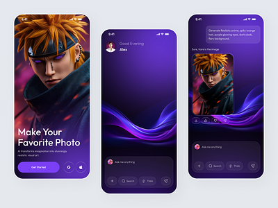 AI Photo Generator App – Dark Futuristic UI ai ai art ai generator ai image app app design chat interface creative app dark ui futuristic ui image creator mobile app mobile ui modern design neon style