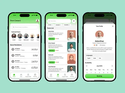 Deen Connect – Quran Learning Platform app app design application e learning education figma graphic design islamic learning platform minimal design mobile app mobile design mobile ui mobile ui concept muslim app product design quran hadith app uiux user interface wavespace