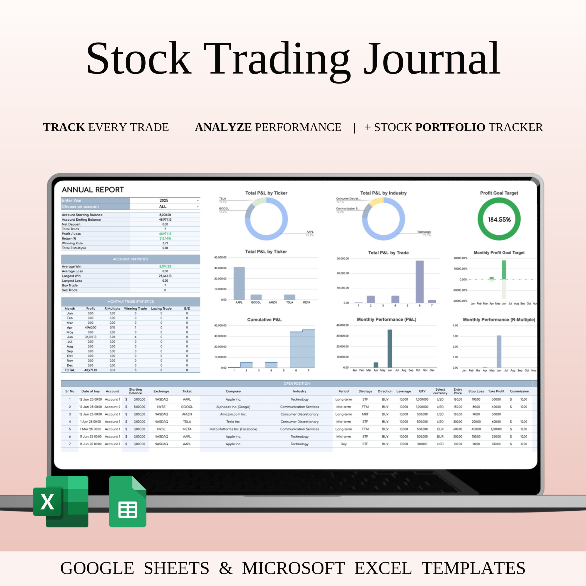 Stock Trading Journal Template for Google Sheets & Excel day trading equities trading equity markets investment tracking market analysis pnl tracking portfolio management stock analytics stock dashboard stock market stock portfolio stock tools stock trading swing trading trade history trade tracker trading journal trading log trading performance trading strategy