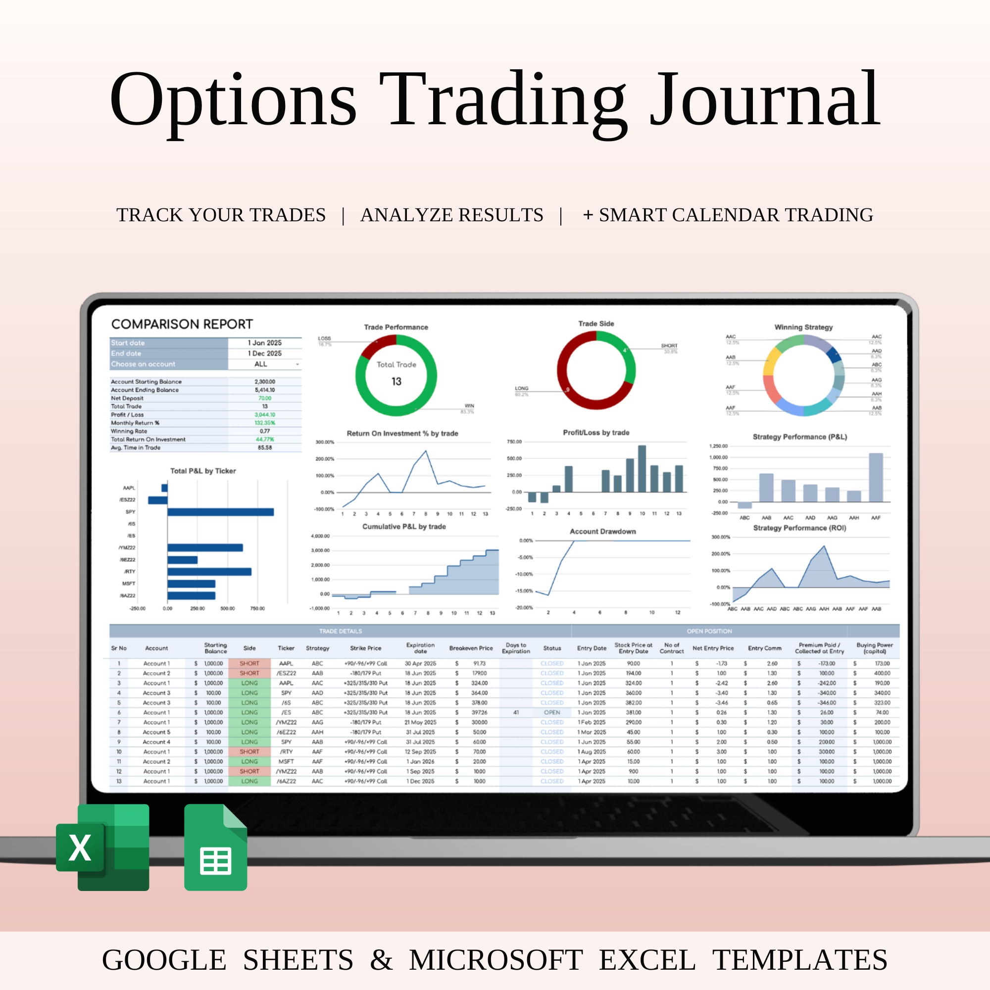 Options Trading Journal Template for Google Sheets and Excel 0dte trading calls and puts earnings plays greeks tracking iv analysis market analysis option spreads options analytics options dashboard options journal options log options performance options portfolio options strategies options tools options trading options trading plan pnl tracking theta gang trade tracking