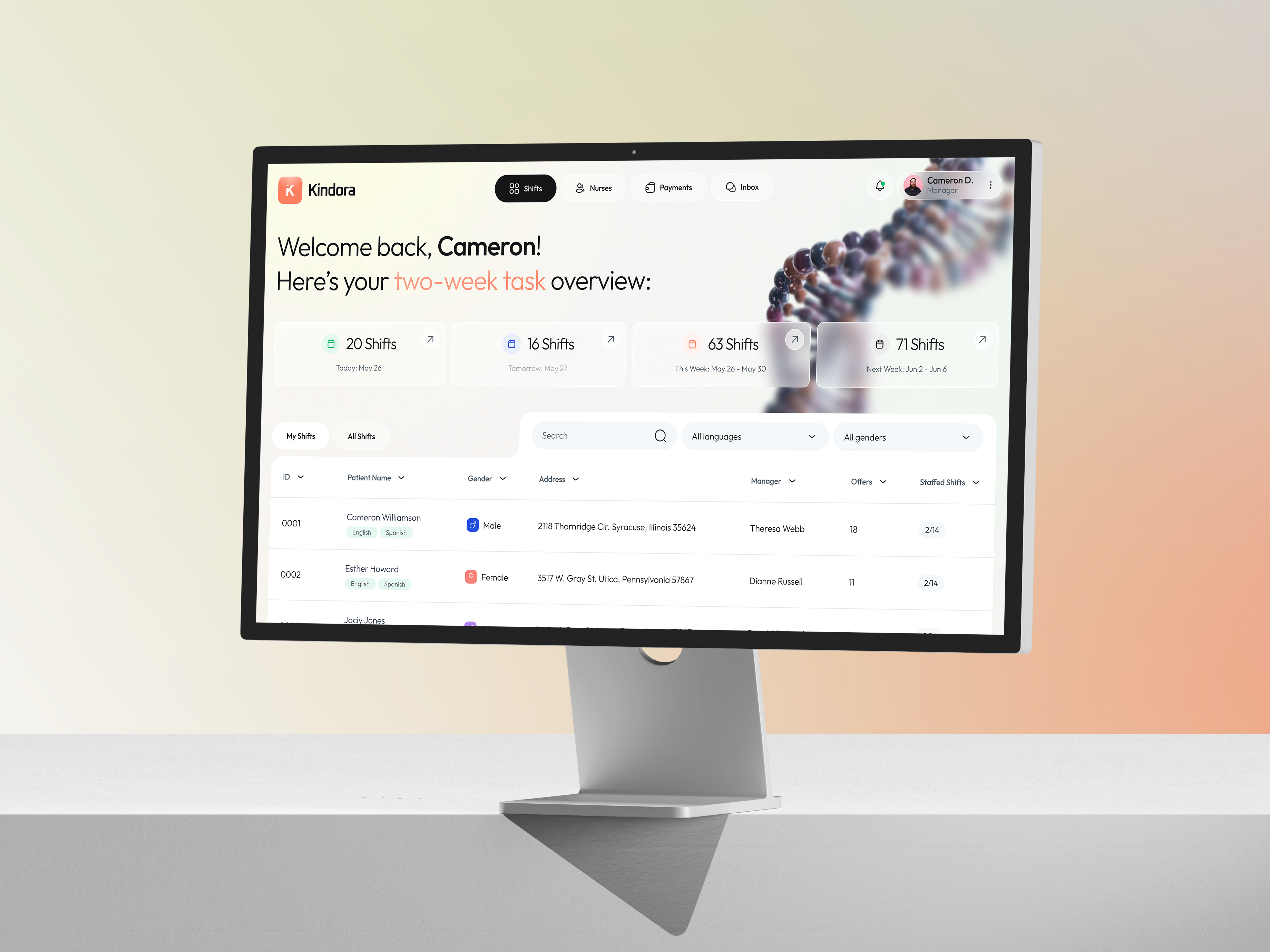 Kindora animation blur clean dashboard desktop doctor gradient health care heath hospital medicine patient ui uiux white
