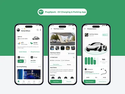 PlugNpark – EV Charging & Parking App UI Kit app design branding charging app design clean ui dashboard app ui ev app ui green energy app mobile app design mobility app parking app ui wrteam design wrteamdesign