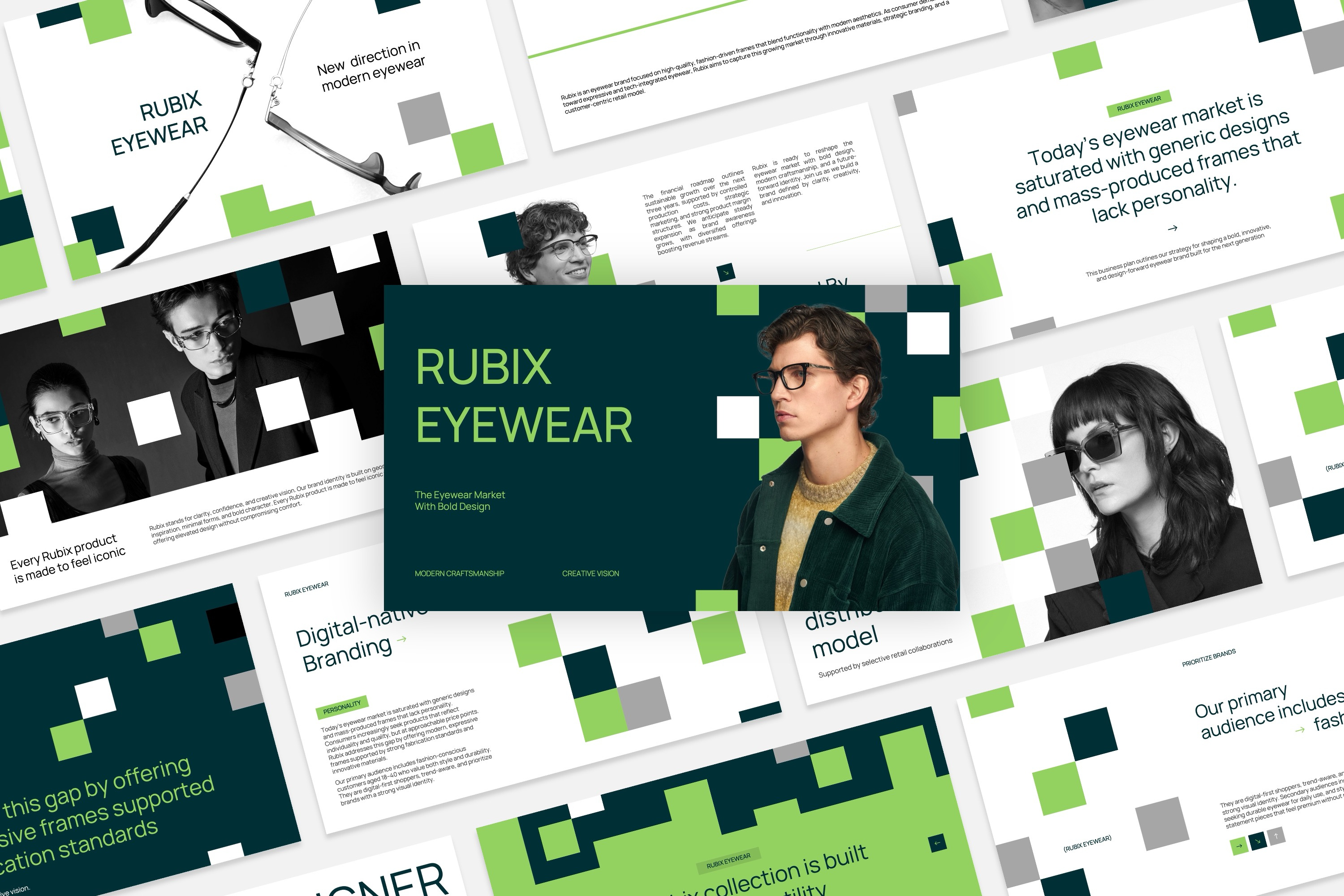 Rubix Marketing Plan Presentation blocks branding business clean design eyewear glasses graphic design green minimalist modern pitch deck pixel powerpoint presentation template ui