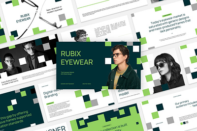 Rubix Marketing Plan Presentation blocks branding business clean design eyewear glasses graphic design green minimalist modern pitch deck pixel powerpoint presentation template ui