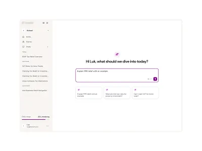 A focused conversational hub for an AI tax assistant ai assistant b2b b2c conversational copilot minimal product design saas sidebar web app