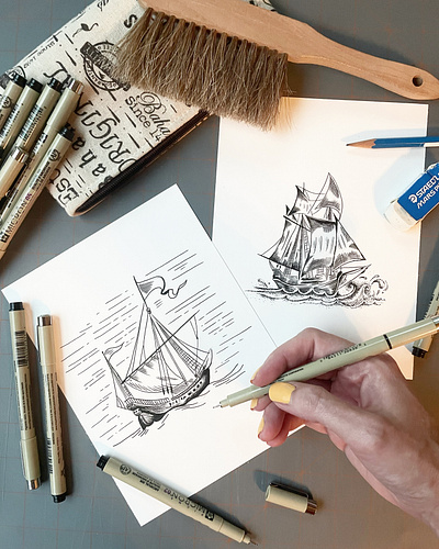 Pen & Ink Sail Boat Illustrations analog black art black pen boat drawing hand drawn handdrawn hatching illustration illustration art ink line art micron pen pen and ink pen drawing sail boat ship sketch stippling