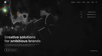 Creative Design Studio Website 3d 3d website art artistic website cursor dark mode design studio framer hover effect logo minimal logo motion design no code development replit threejs ui design unicorn studio webflow webgl website design
