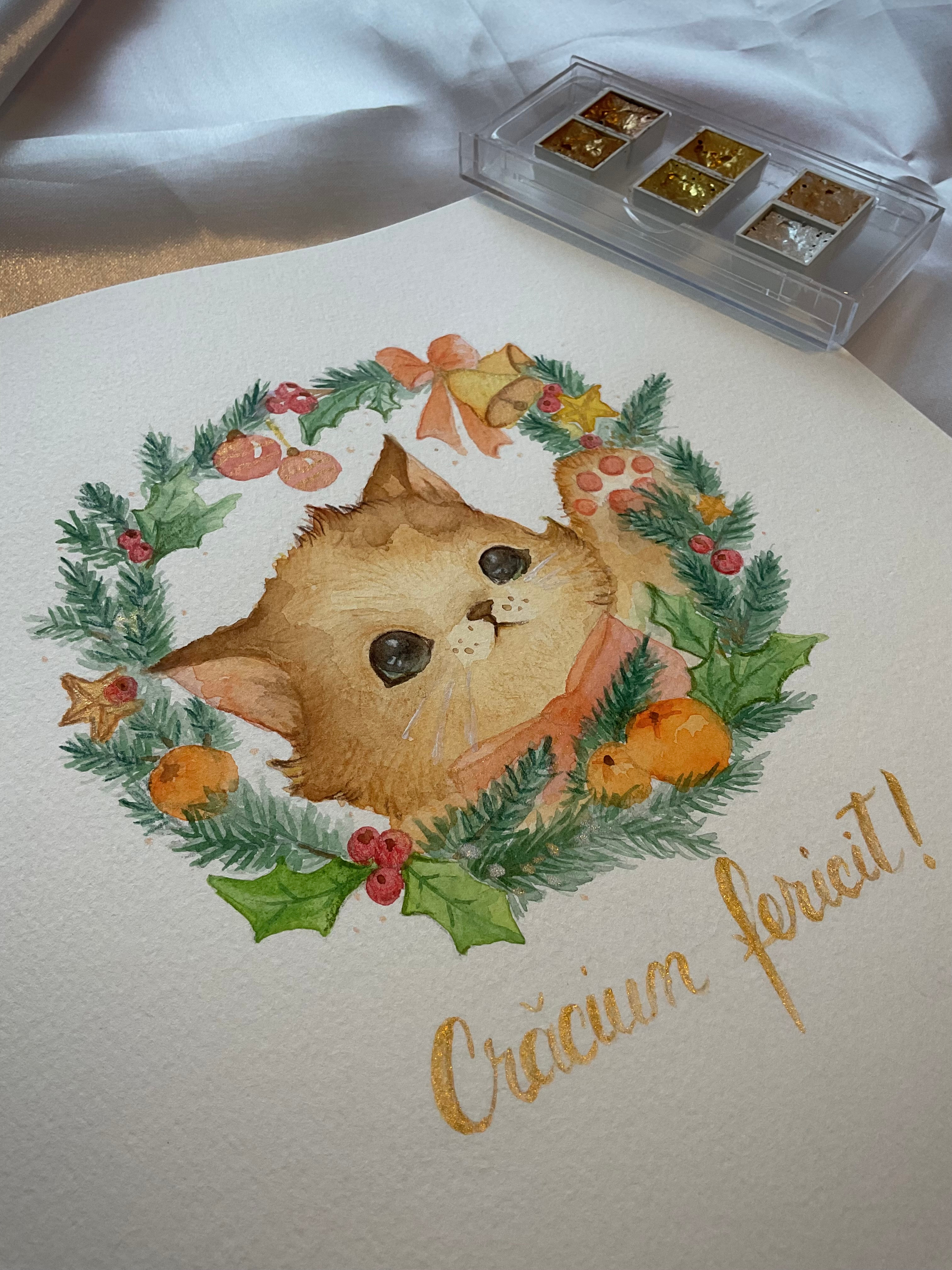 Watercolor kitten Christmas card cat illustration cat painting christmas christmas card christmas card illustration christmas wreath cute card design cute cat greeting card hand painted card handmade gift holiday card illustration kitten kitten illustration kitten painting traditional watercolor watercolor kitten