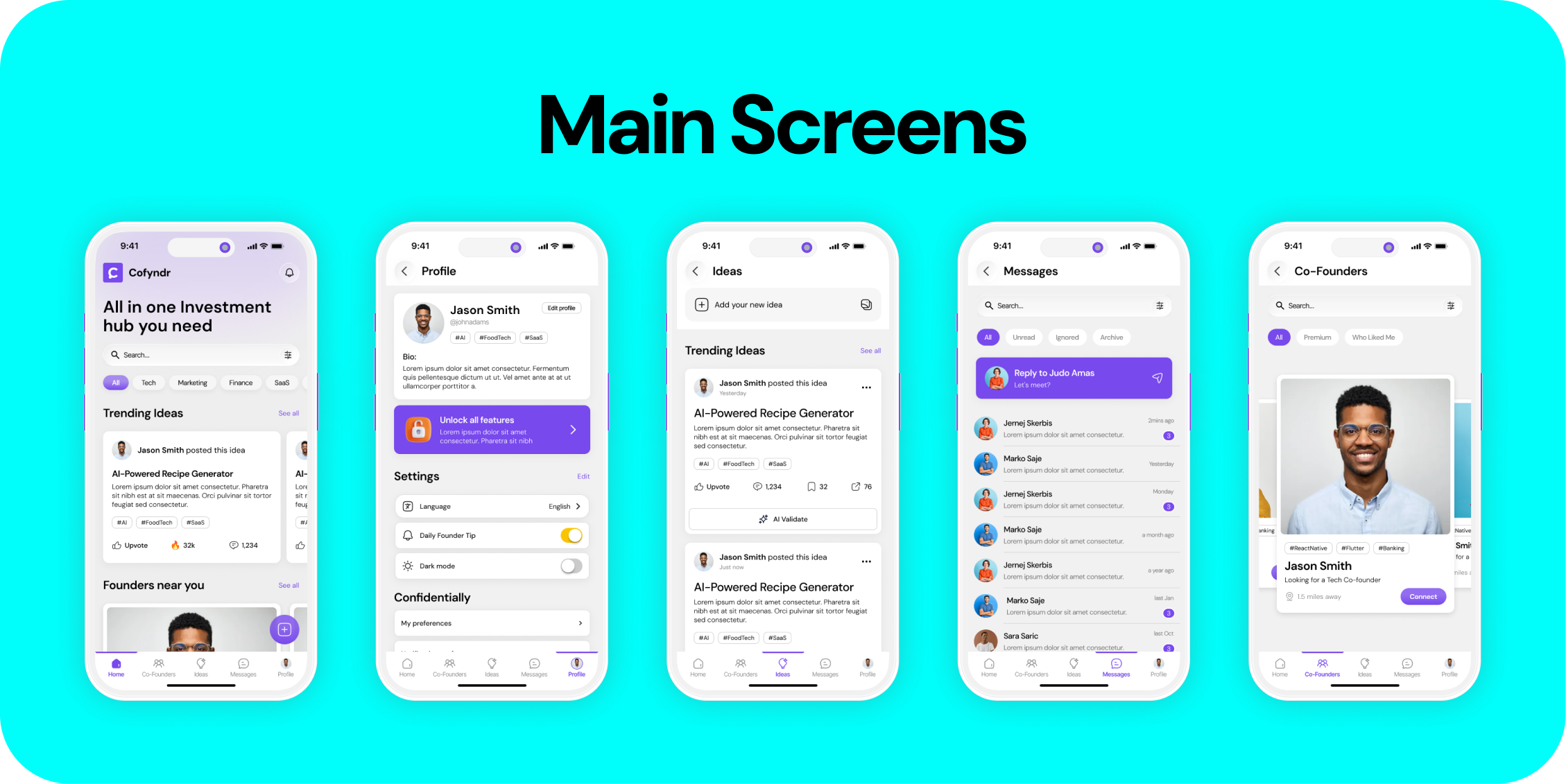 Cofyndr - App Design app design appui co partner app fintech funding app funding dashboard home page investment app login messages mobileapp profile page splash ui uidesign uiux user interface userinterface ux uxdesign
