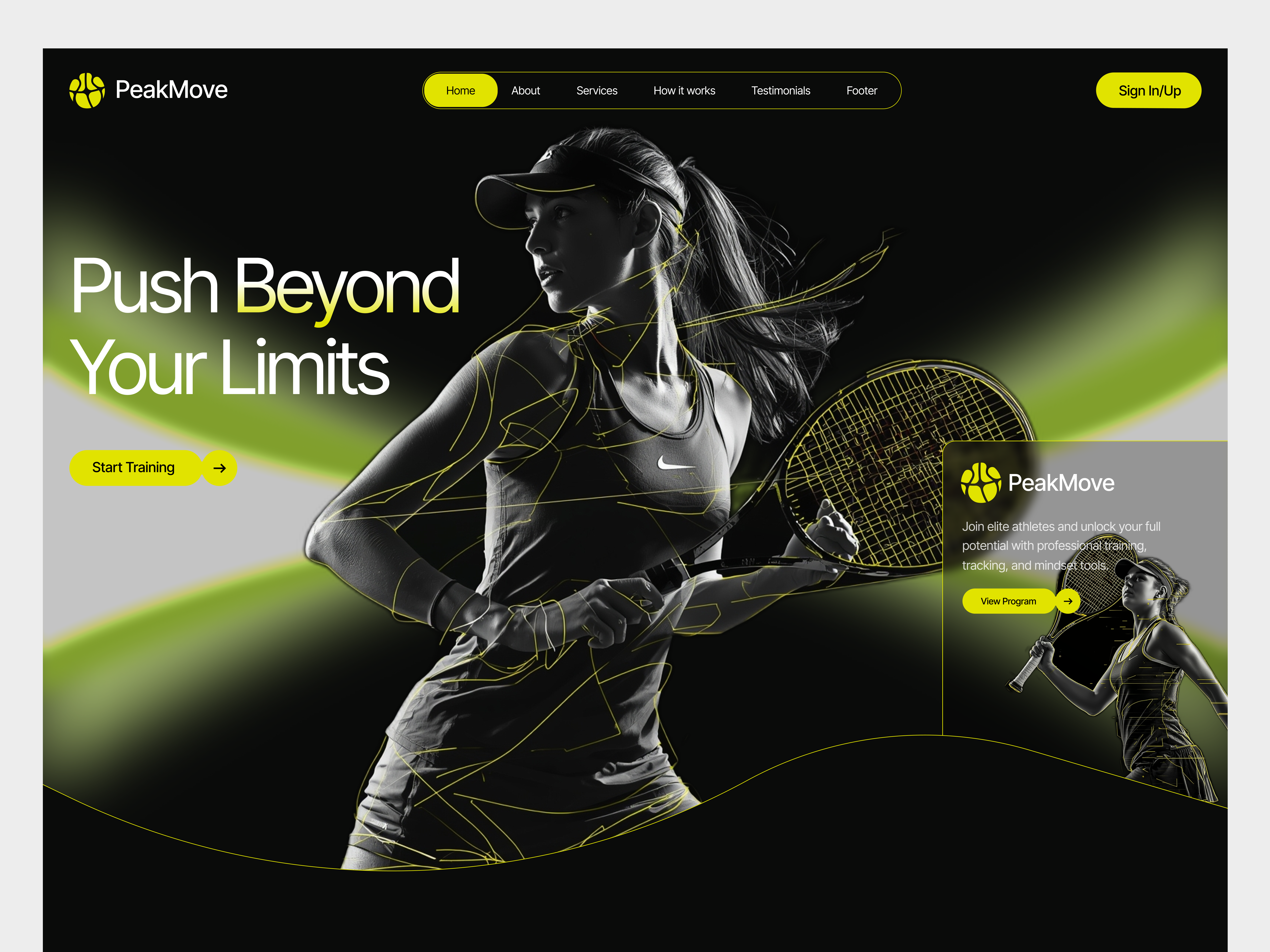 PeakMove – High-Energy Sports Training Landing Page athlete hero banner athlete website design branding design figma fitness landing page fitness website design graphic design illustration logo sport training website sports landing page sports website ui tennis website design typography ui ux vector workout landing page ui