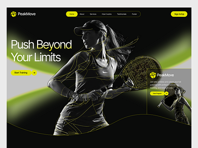 PeakMove – High-Energy Sports Training Landing Page athlete hero banner athlete website design branding design figma fitness landing page fitness website design graphic design illustration logo sport training website sports landing page sports website ui tennis website design typography ui ux vector workout landing page ui