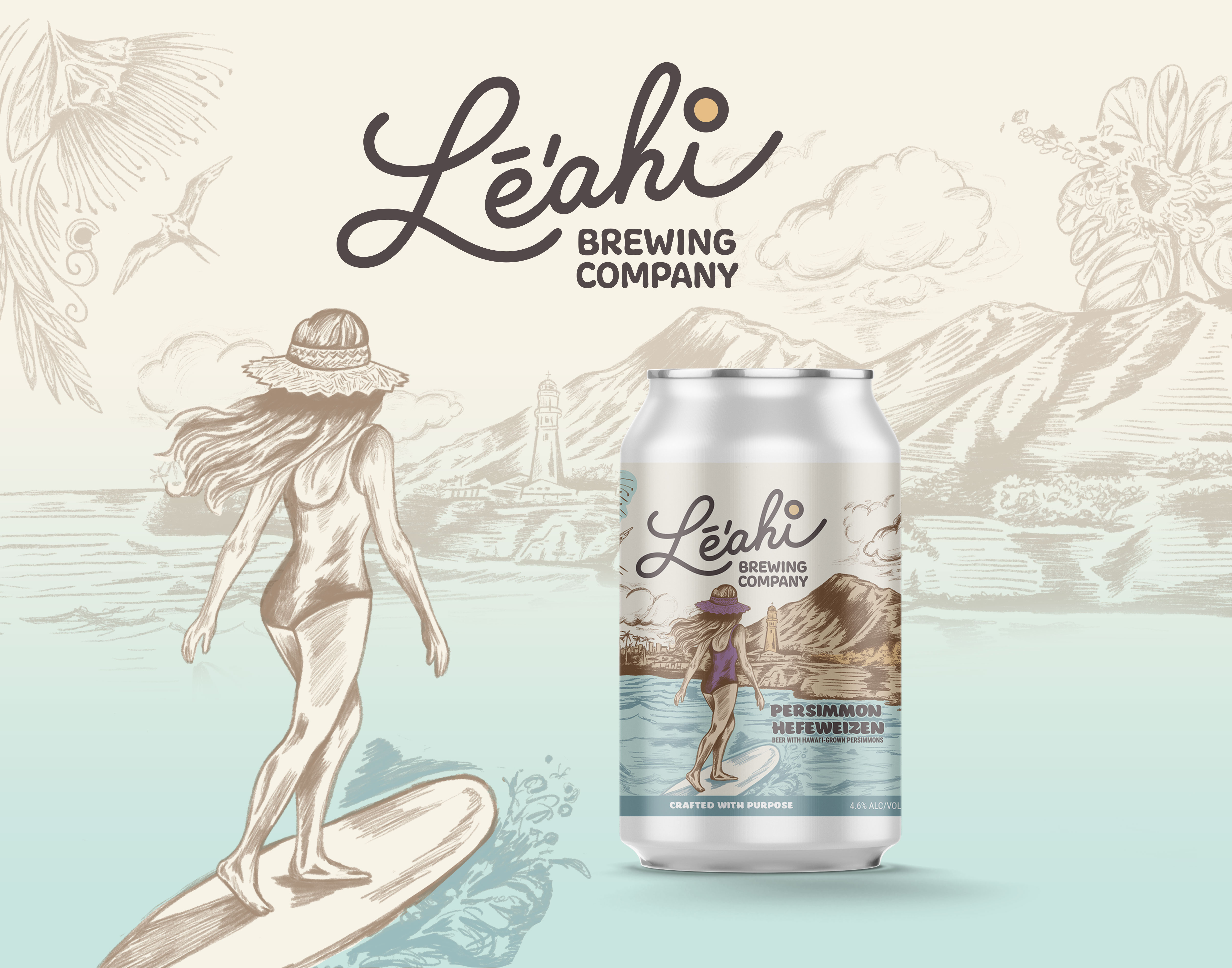 Le‘ahi Brewing Company - Hawaiian Beer beer beer branding beer can beer can design beer label beer packaging brewery brewery branding brewing hawaii hawaiian illustration illustration art label art label illustration mockup surf surfer tropical woman surfer