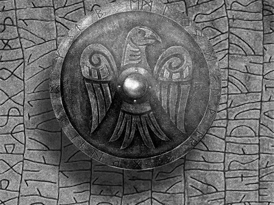 Raven Shield — Handcrafted Norse Artifact 3d ancient craftsmanship corel draw graphic design illustration mythic design norse norse mythology pagan norse raven symbol runes scandinavian art vector viking