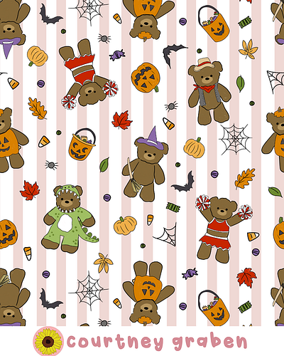 Halloween Teddy Bears Surface Pattern Design by Courtney Graben art design digital art halloween illustration pattern spooky season surface design surface pattern design teddy bear trick or treat
