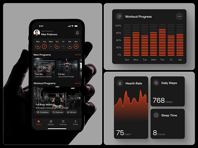Fitora – Fitness Tracker Mobile App card cards clean components dark design design system fitness app fitness tracker health tracker mobile app mobile app template ui ui design ui design template ui kit uiux ux workout app