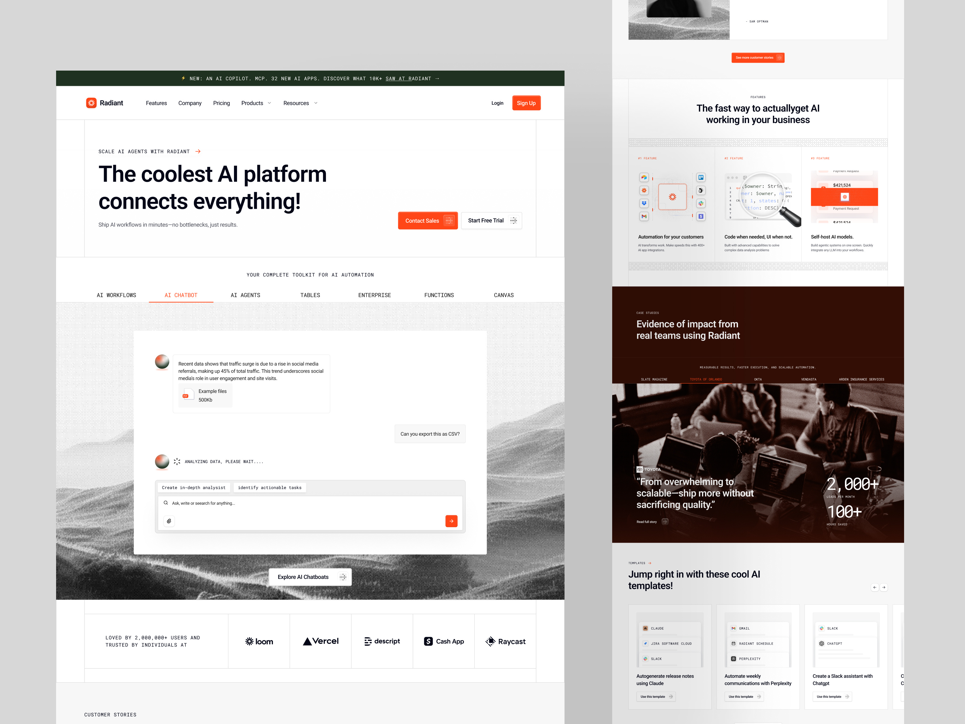 Radiant - AI Worfklow Automation Landing Page agents ai ai models analyst assistant automation chatbot code customer enterprise generate landing page modern saas scale tables toolkit web web design workflow
