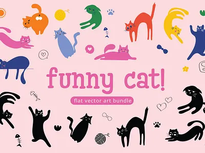 Funny Cat! Flat Vector Art Bundle animal cartoon cat character design colorful flat design graphic design icon illustration kitty merchandise pattern sticker vector