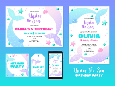 Set of mermaid birthday party invitations 2d birthday cartoon cute design girl illustration invitation mermaid party pool template vector