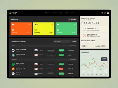 Card Dashboard | Dark Mode Fintech Banking App analytics dashboard banking app card dashboard clean ui dark mode finance app finance dashboard fintech modern ui payment app product design transaction ui ui design wallet app web app