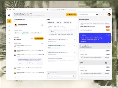 Consumer Management Dashboard b2b saas crm concept crm dashboard crm ui customer management dashboard design exploration interaction design modern dashboard notes ui product design sales dashboard ticketing system web app design