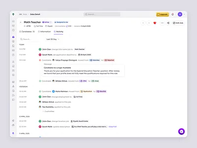 RecruitSmart — Job Details Activity for School Recruitment activity log candidate education employee hiring hr management hr system hrd hrm hrms job product design saas saas design school management teacher time line ui ux web app