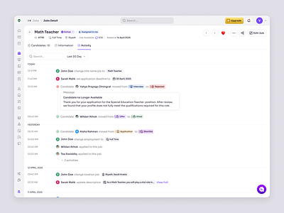 RecruitSmart — Job Details Activity for School Recruitment activity log candidate education employee hiring hr management hr system hrd hrm hrms job product design saas saas design school management teacher time line ui ux web app