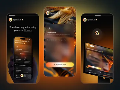 SpeechLab – AI Voice Transformer App UI ai audio ai voice app app concept audio editing clean interface creative tools dark ui desktop ui futuristic ui mobile mobile ui modern app design neumorphism sound design text to speech uiux voice changer voice transformer