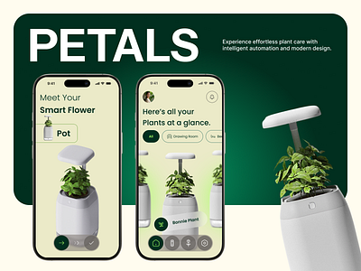PETALS – Smart Plant Care UI App 🌿 ai app app design application artificial intelligence design flowers iot mobile app mobile app design plant plant app plant tracker plants product design smart pot smarthome ui ui design ux