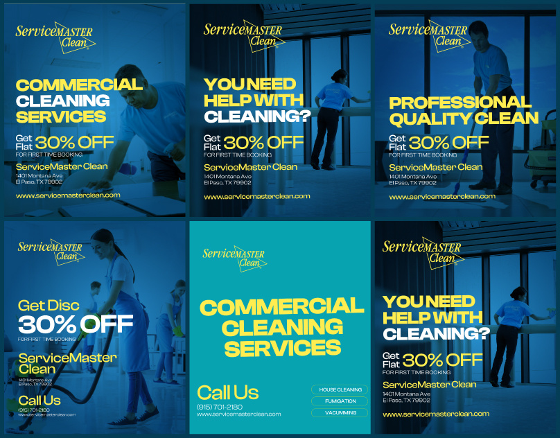 Commercial cleaning services design ads advertising brand identity branding cleaning company cleaning design corporate services design digital advertising facebook post graphic design illustration instagram post janitorial services logo social media post