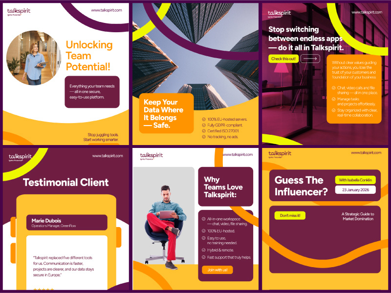 SaaS Collaboration Platform Social Media Design ads advertising brand identity branding collaboration tool communication platform corporate services digital workspace feacbook add instagram ads saas design social media design startup design talkspirit ui ux visual design