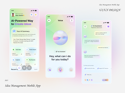 Smart Idea Manager – Modern AI Mobile UI ai dasboard aiapp cleanui design veli figmadesign gradientdesign ideamanagement inspirationapp ios minimaldesign moderninterface pastelui productdesign productivityapp smartui taskmanagement uidesign uiux vuxdesign