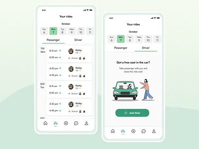 Carpooling app - scheduled rides app car carpooling driver illustration interaction mobile passenger rides schedule ui