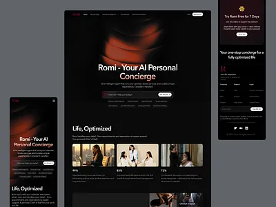 Romi – AI Personal Concierge Website (Responsive Web Experience) ai concierge ai personal assistant concierge dark dark ui darkui figma figmadesign landing page luxury website membership membership website minimal ui personal assistant premium web design responsive website saas web design ui uiux web app