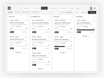 OpsLoop | Task Management Dashboard UI admin panel clean design collaboration dashboard design system enterprise minimal productivity progress bar project management saas task management team tools to do tracking ui ui design ux design web app workflow