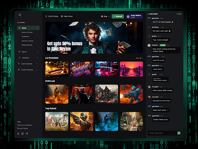 Casino Gaming Dashboard UI – Online Betting & Live Chat bettingappdesign bettingplatform casinodesign darkmodeui dashboarddesign figmadesign gameplatformui gamingdashboard gamingui igamingdesign livechatui productdesign slotsui ui uxdesign webdesign