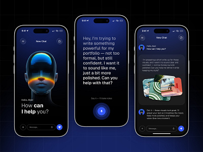 AI Assistant App — Voice & Text Interaction UI aiapp aichat aipowered assistant chatui concept darkmodeui mobile app mobile application ui uiux ux voiceui