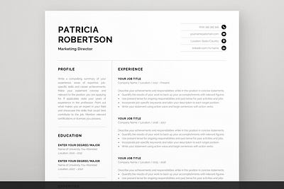 Resume Template Patricia 1 page resume cover letter cv cv design cv template graphic design graphic designer cv graphic designer resume minimal design minimalist design modern resume resume resume design resume template