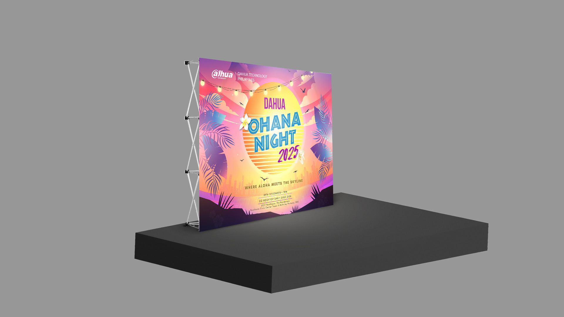 Year End Party Backdrop design Mockup Invitation beach night celebration graphics chill vibes creative design event branding event layout family theme festive graphics island style luau theme ohana night party poster summer celebration summer illustration summer party sunset palette tropical leaves tropical vibes warm colors year end event