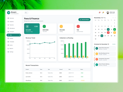 Fees & Finance Dashboard from the GLearn School Management SaaS chool crm clean interface dashboard design dashboard inspiration dashboard ui ux data visualization fees collection ui figma web app finance dashboard idealrahi invoicing dashboard payment tracking ui saas design saas finance design school management tuittion fee system