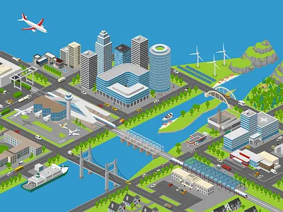 River in a Big City 2.5d city illustration isometric template vector