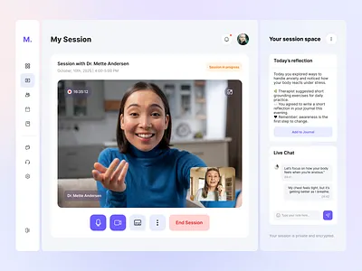 Video Session Dashboard — Mental Health Platform UI branding calm design clean ui dashboard design system health tech illustration interface design mental health minimal design print product design sessions ui therapy platform typography ui ux video call ui web design wellbeing platform
