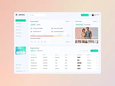 Zentra app design clean ui daily ui dashboard design inspiration exercises fitness app interaction design interface minimal design mobile app mobile ui product design ui ui design ux design virtual reality vr web app wellness