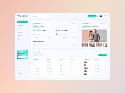 Zentra app design clean ui daily ui dashboard design inspiration exercises fitness app interaction design interface minimal design mobile app mobile ui product design ui ui design ux design virtual reality vr web app wellness