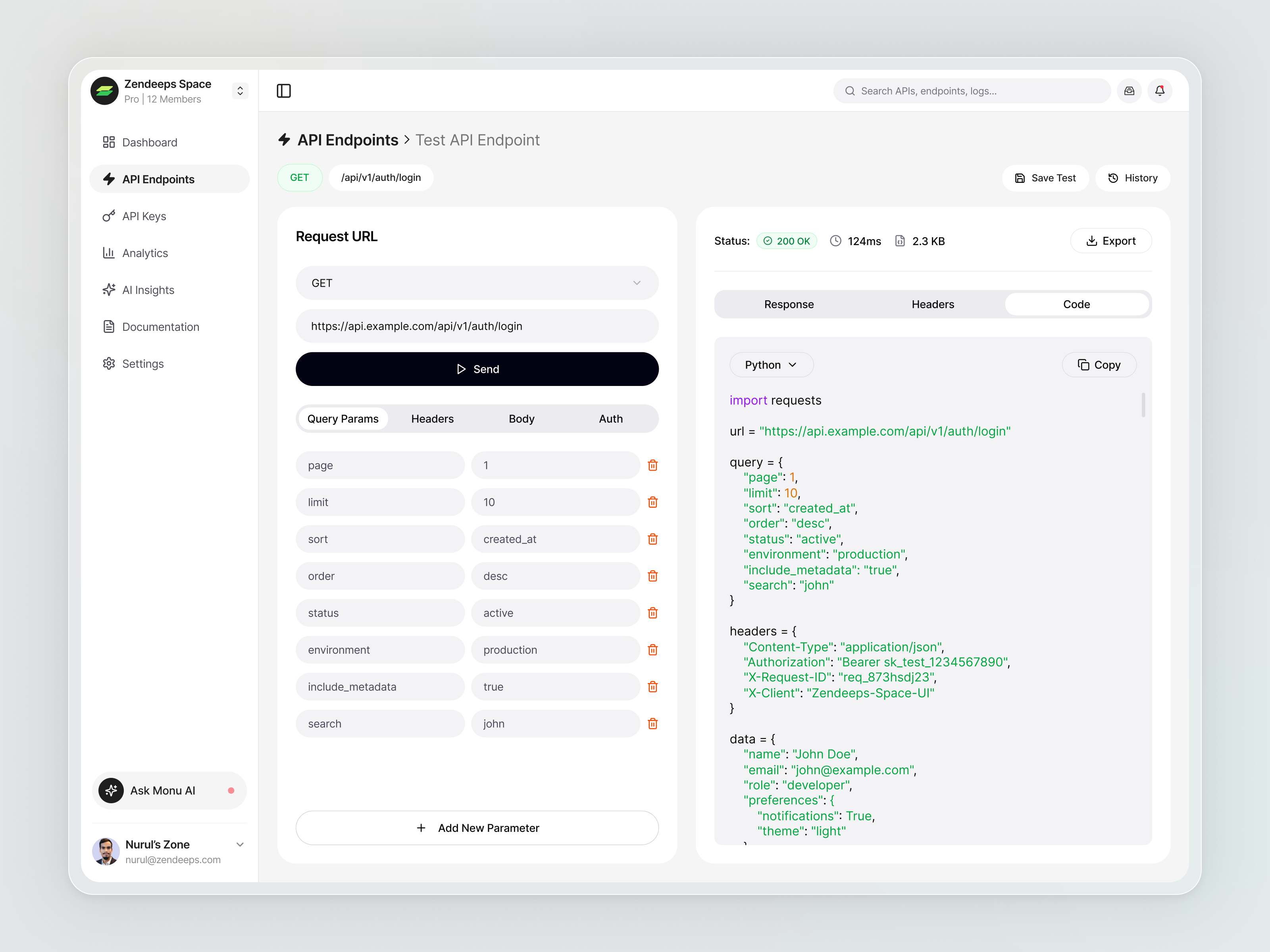 API Management App - Endpoint Testing api dashboard api management api playground api testing ui clean dashboard design code editor ui developer experience developer tools dribbble figma design light mode ui minimal interface modern ui product design request tester saas dashboard tech dashboard ux ui design web app ui web application design